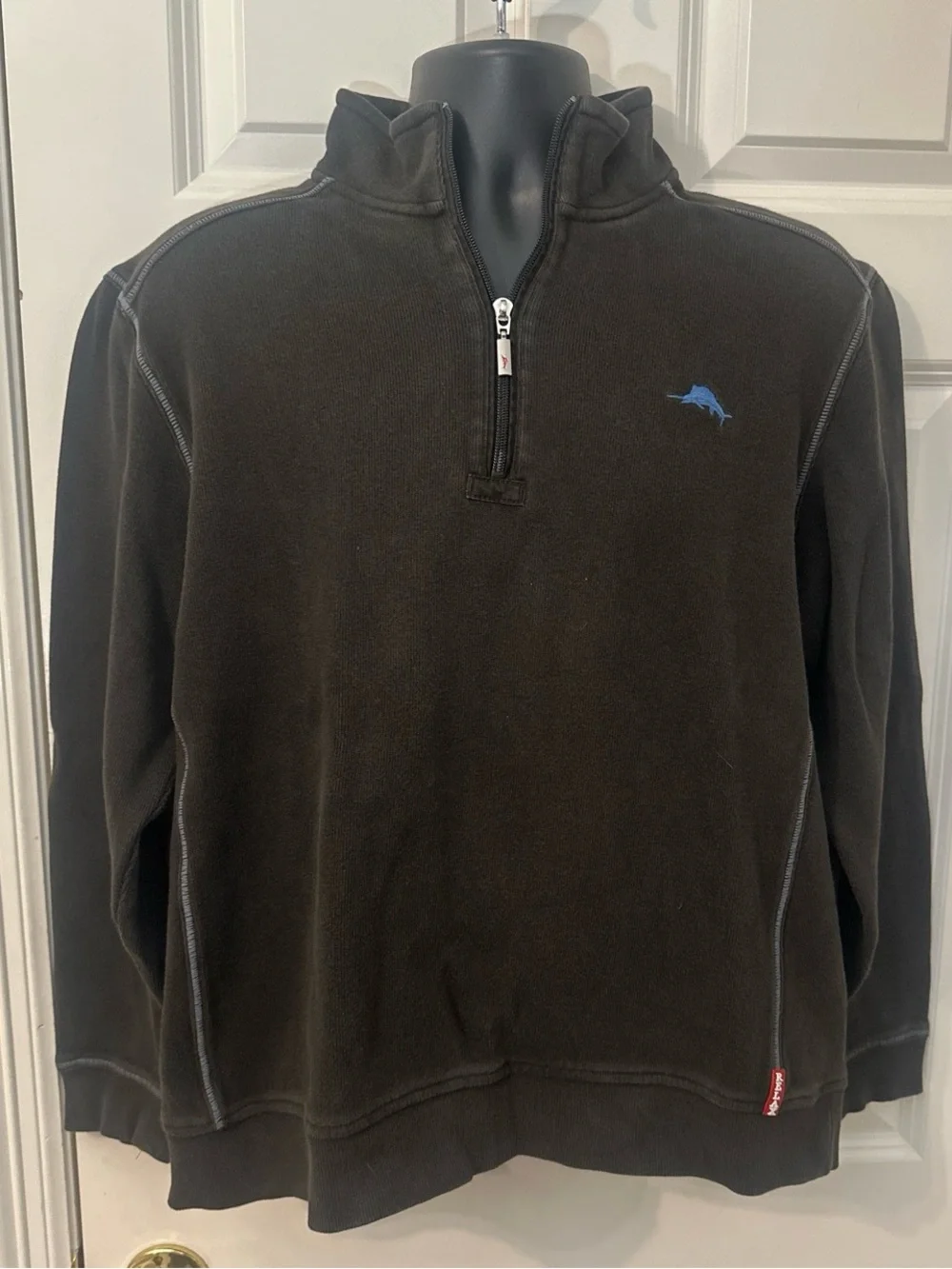 Tommy Bahama Men's Black Quarter-Zip Sweater with Iconic Blue Swordfish Logo